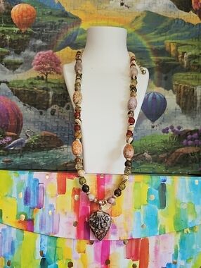 Handcrafted Multi-Color Stone Necklace with Heart Pendant - Women Jewelry